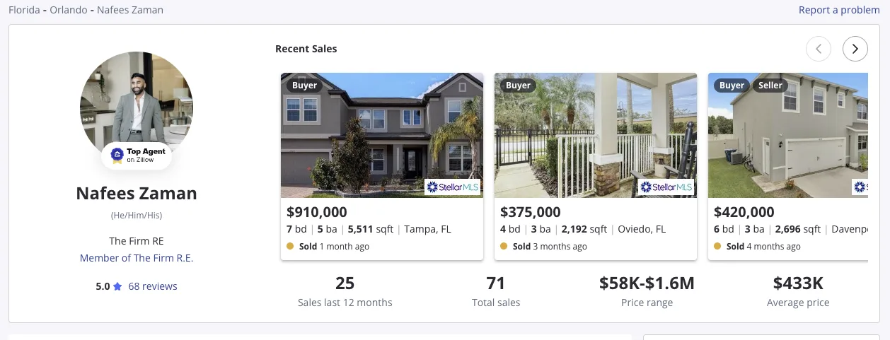 Nafees Zaman's actual Zillow profile with recent sales
